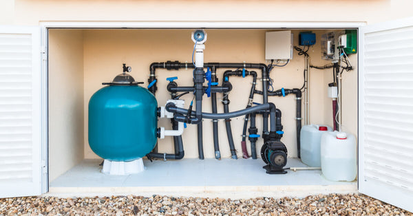 Brine, Salt water, swimming pool filter, valves and pumps in a purpose built hut.